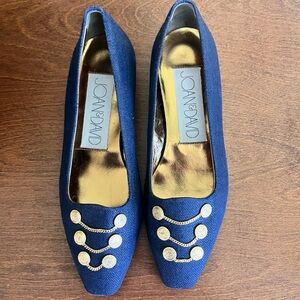 Joan & David blue canvas loafers with gold coin detailing 7.5